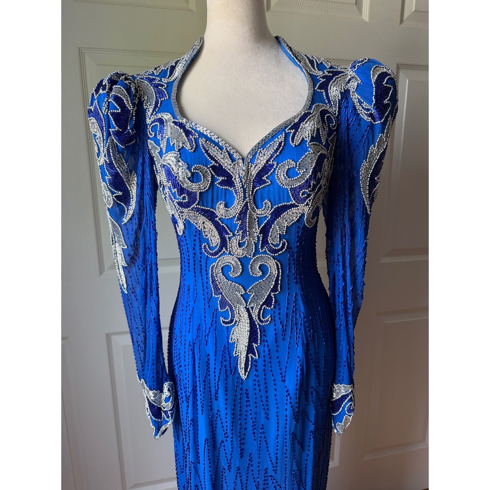 Vintage 80s 90s Silk Beaded Gown Cobalt Blue Dynasty Formal Glam Western Dolly - Picture 2 of 13